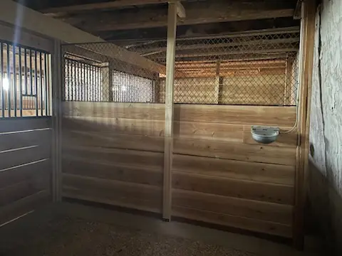 Stall interior with feeder and steel-barred door