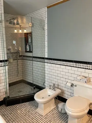 Corner glass shower, bidet, and black accent band