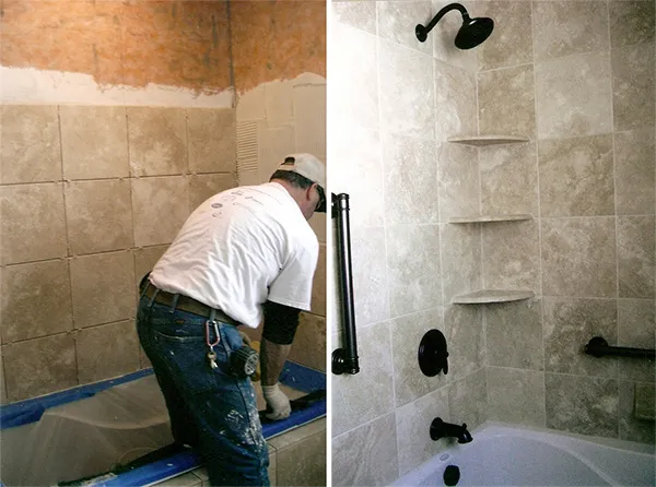 A custom tile shower by Olde World Restoration, shown during installation and finished