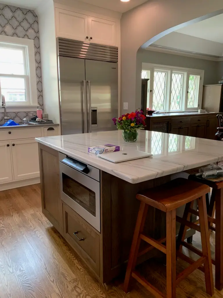 Island with microwave drawer and oak base